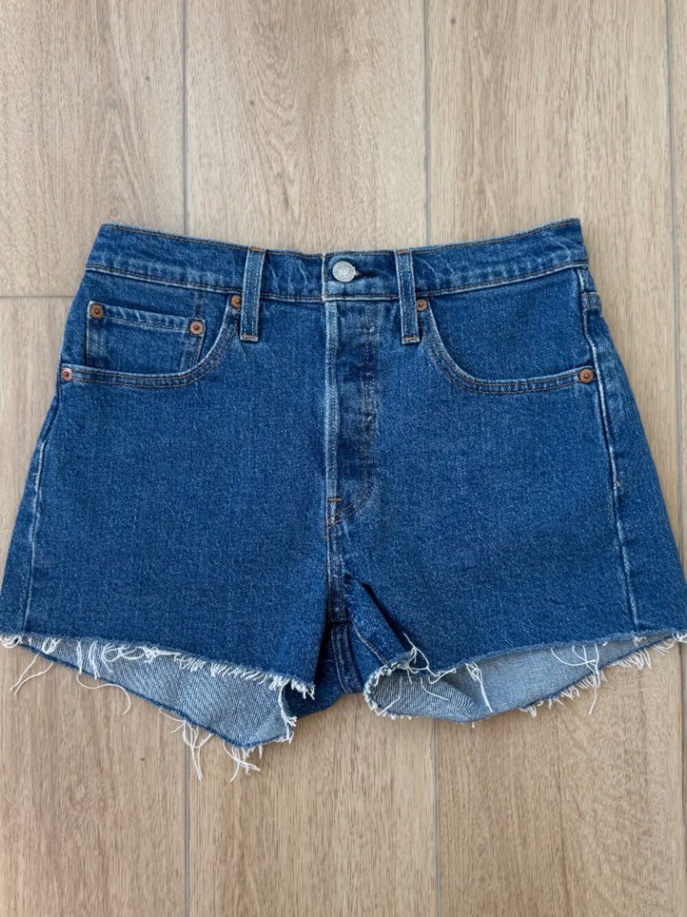 Levi's 501 High Rise Button Fly Denim Shorts | Medium Wash | Raw Hem | 27W